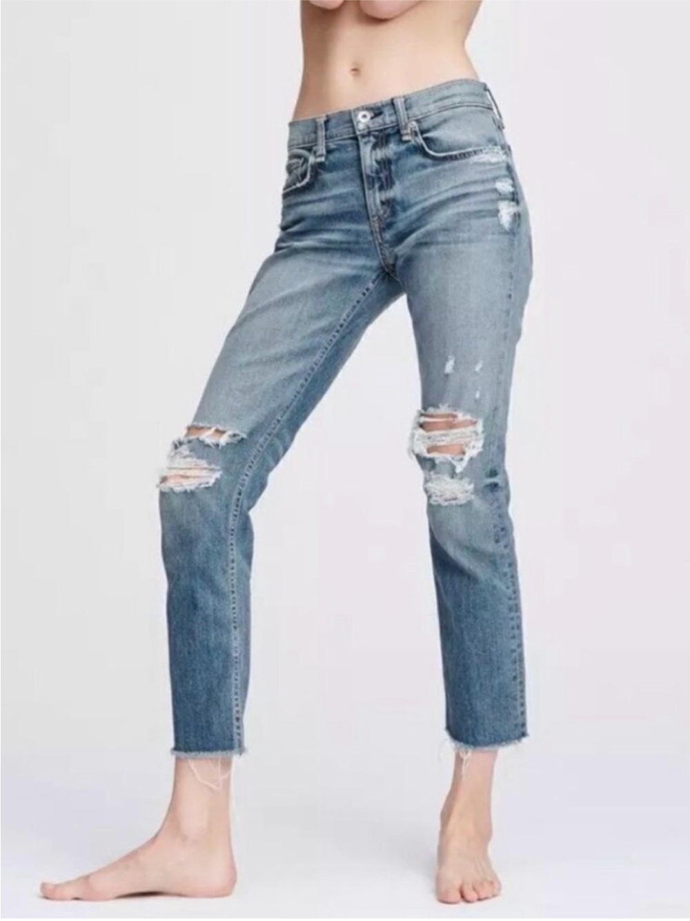 rag & bone Dre Distressed Blue Ankle Cropped Jeans in Carter